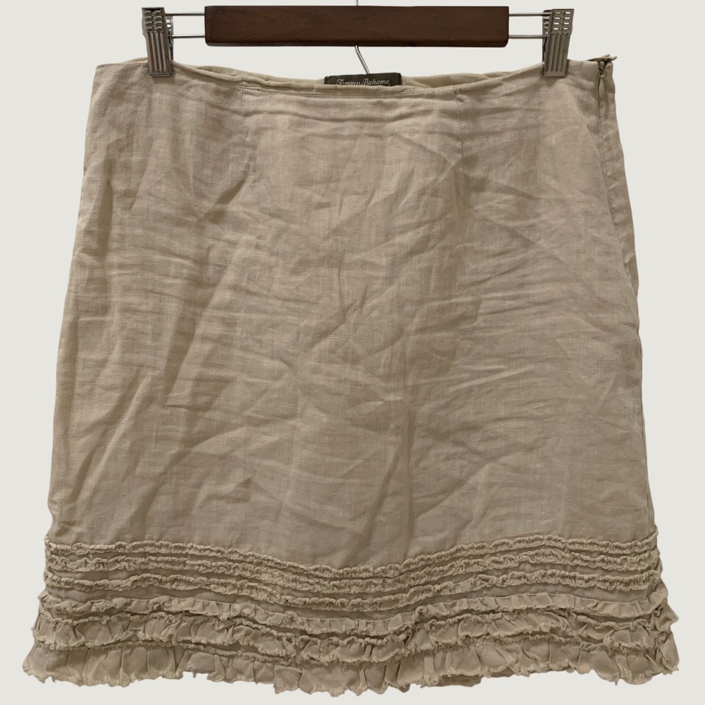 Tommy Bahama Linen Skirt Women's Size 6 Beige Lined Ruffle Hem Mini Summer